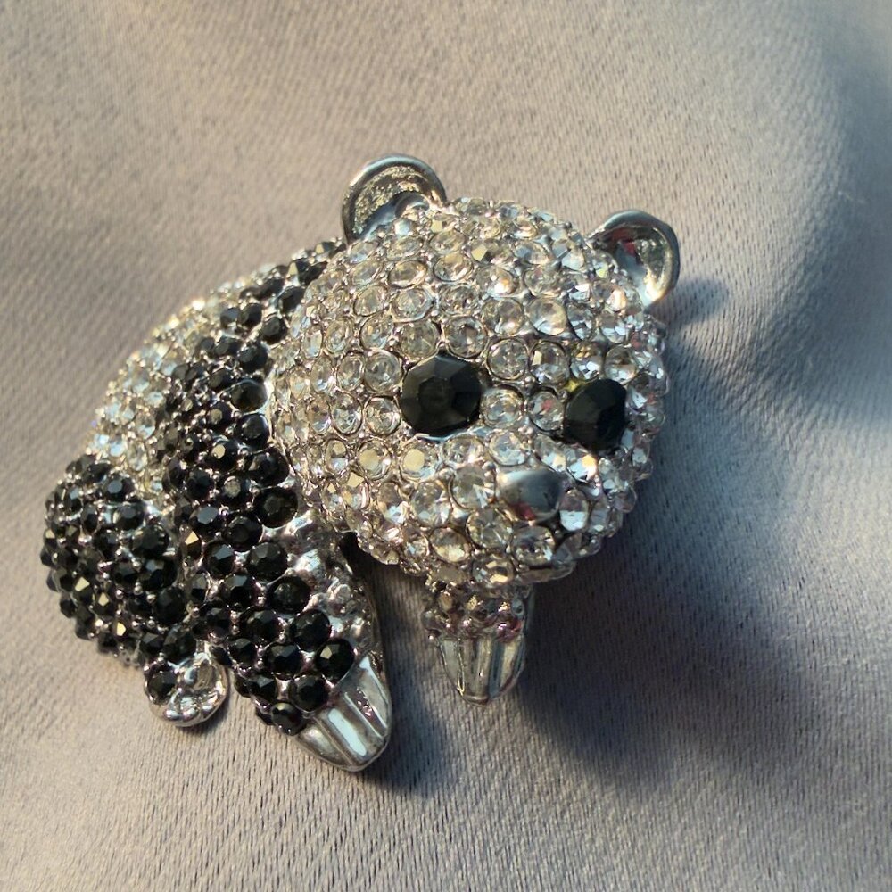 Panda Brooch Rhinestone Pave Signed ADDLANC Animal Pin Silver Tone 2 Inch